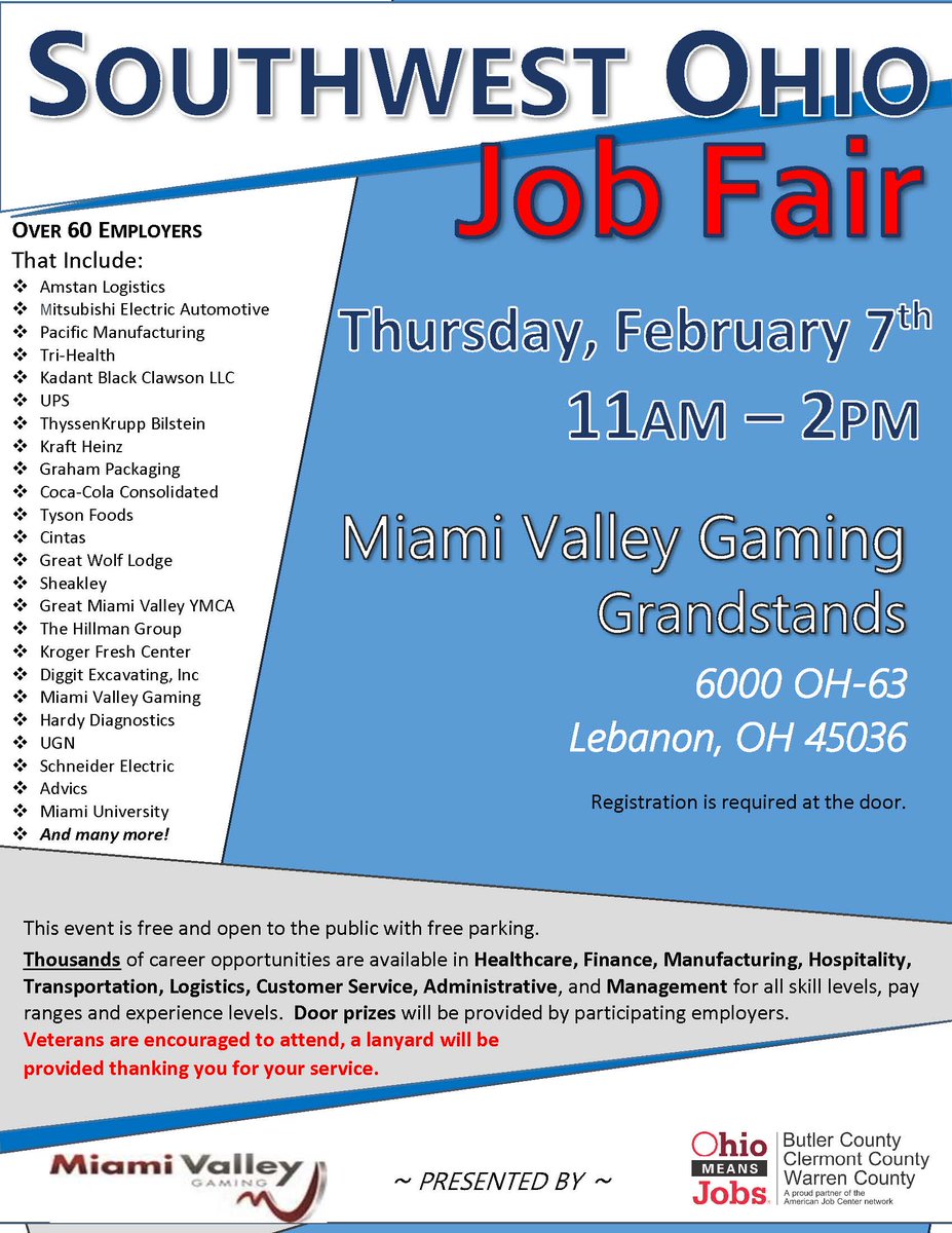 OMJ_Butler's tweet photo. @700wlw Come out to our Job Fair on February 7th at Miami Valley Gaming! Around 100 employers will be there, INCLUDING AK STEEL and MERCY HEALTH!
Please share this post to help get the word out about this opportunity. https://t.co/H0FzVvIe9u