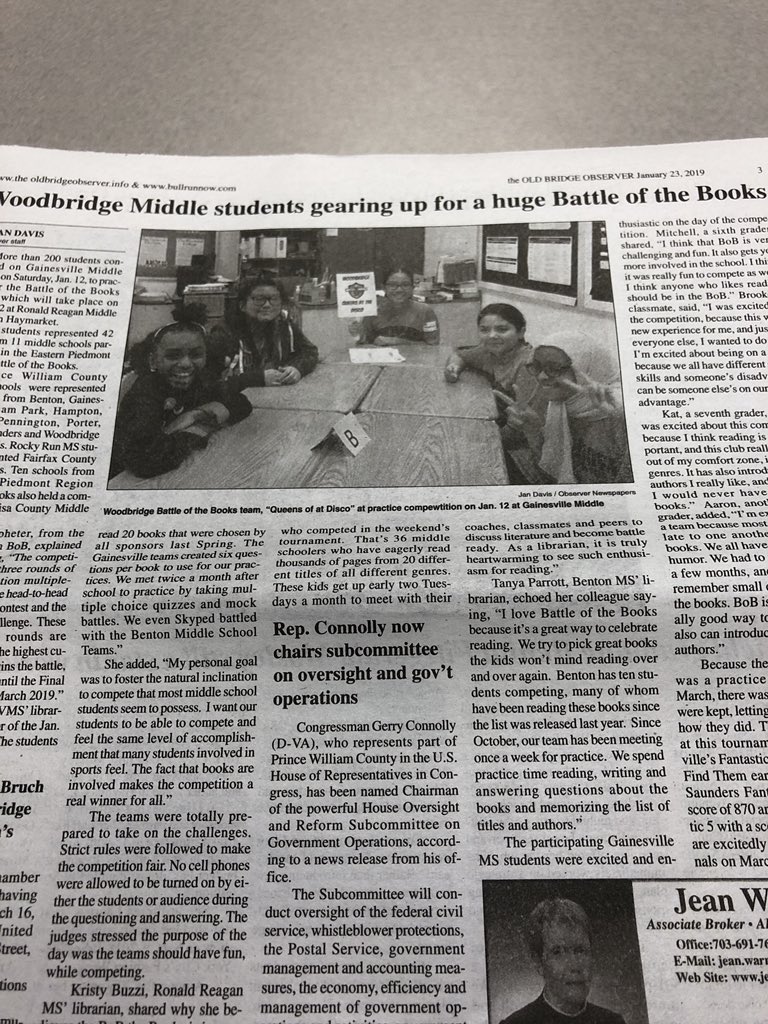 Our Battle of the Books team made the Old Bridge Observer!! So proud of our team! Go WMS BoB!! ❤️ #OneTeamOneGoal #WMS