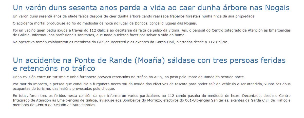 112Galicia's tweet image. #AXEGAInforma do terceiro falecido de hoxe: un señor de avanzada idade que perdeu a vida tras caer dunha árbore na súa finca en #AsNogais. 
Ademais, unha colisión entre dous vehículos provoca retencións no tráfico na AP-9, na #PonteDeRande sentido norte.
ow.ly/Zjgd30nC4xf
