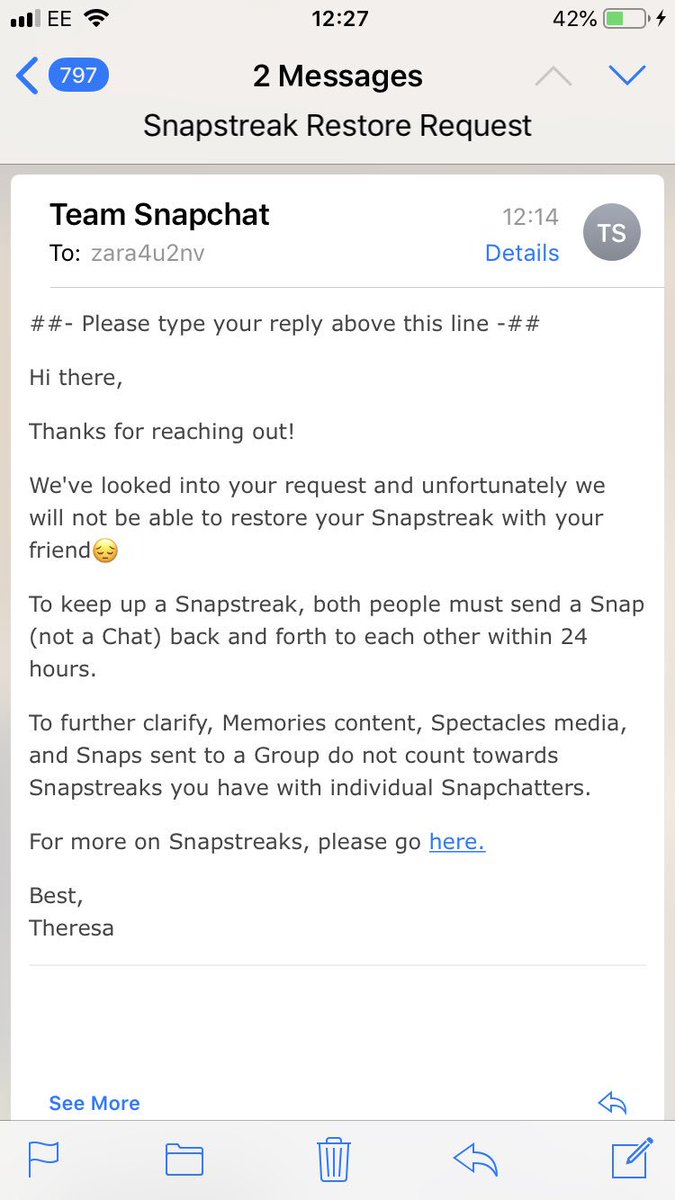 Snapchat Support Auf Twitter Unfortunately We Can T Take Further Action Regarding Your Snapstreak Request After You Ve Received A Reply Via Email