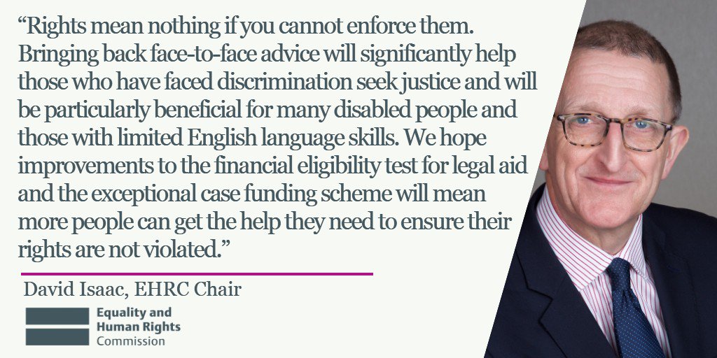 EHRC's tweet photo. "Rights mean nothing if you cannot enforce them" - @EHRCChair welcomes @MoJGovUK making changes to the legal aid system to ensure legal advice is available to everyone who needs it, not just those who can afford it https://t.co/lNk98gGQdy https://t.co/TEhZBYWTjU