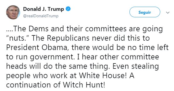 EfectoTrump's tweet photo. ....The Dems and their committees are going “nuts.” The Republicans never did this to President Obama, there would be no time left to run government. I hear other committee heads will do the same thing. Even stealing people who work at White House! A continuation of Witch Hunt! https://t.co/6ppsGNf5Ii