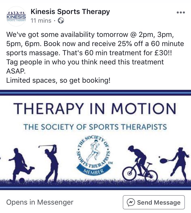 KinesisSTherapy's tweet photo. 25% off sports massages tomorrow! 
#sportstherapy #sportstherapist #sportsmassage #sportsmassagetherapist #softtissuetherapy #softtissuemanagement #clinic #hereford #rossonwye #injuryrehabilitation #sportsrehabilitation #sportsinjury #injuryprevention #sportsinjuryclinic https://t.co/VgCtQVxNpk
