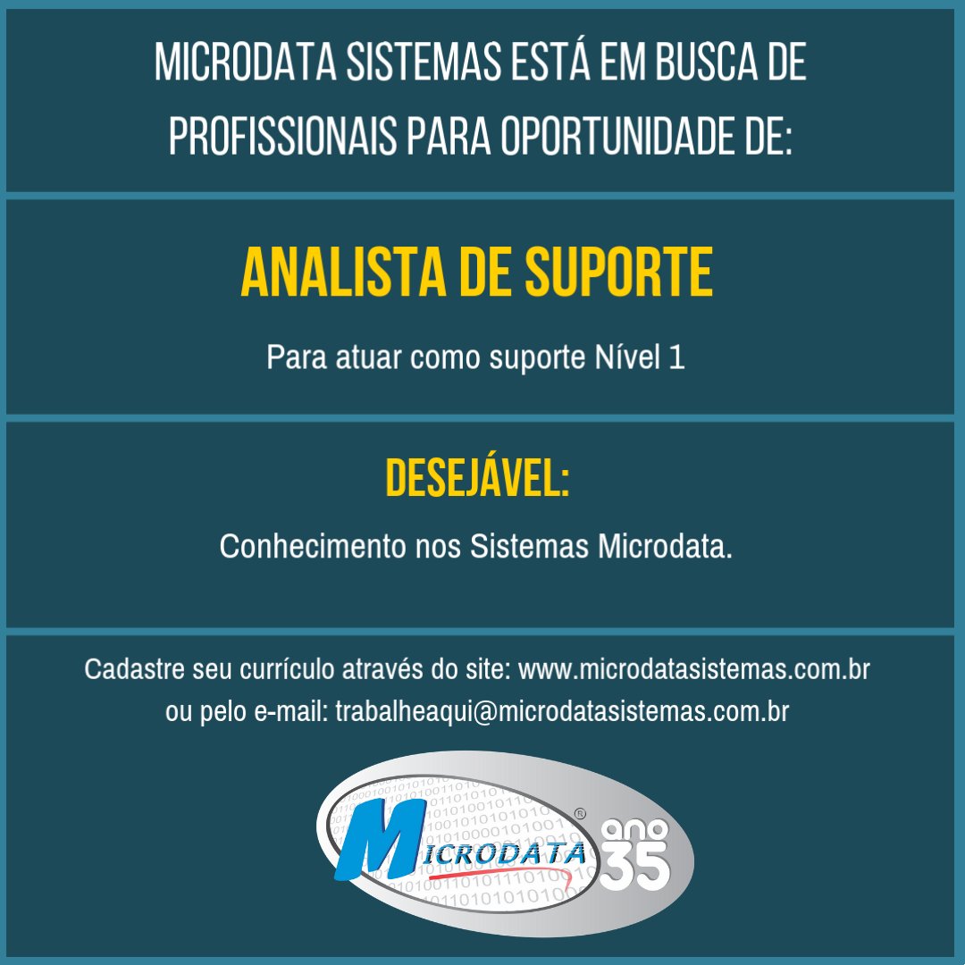 MicrodataSistem's tweet image. Microdata Contrata!!!
Venha fazer parte da nossa equipe!!!
#microdatasistemas