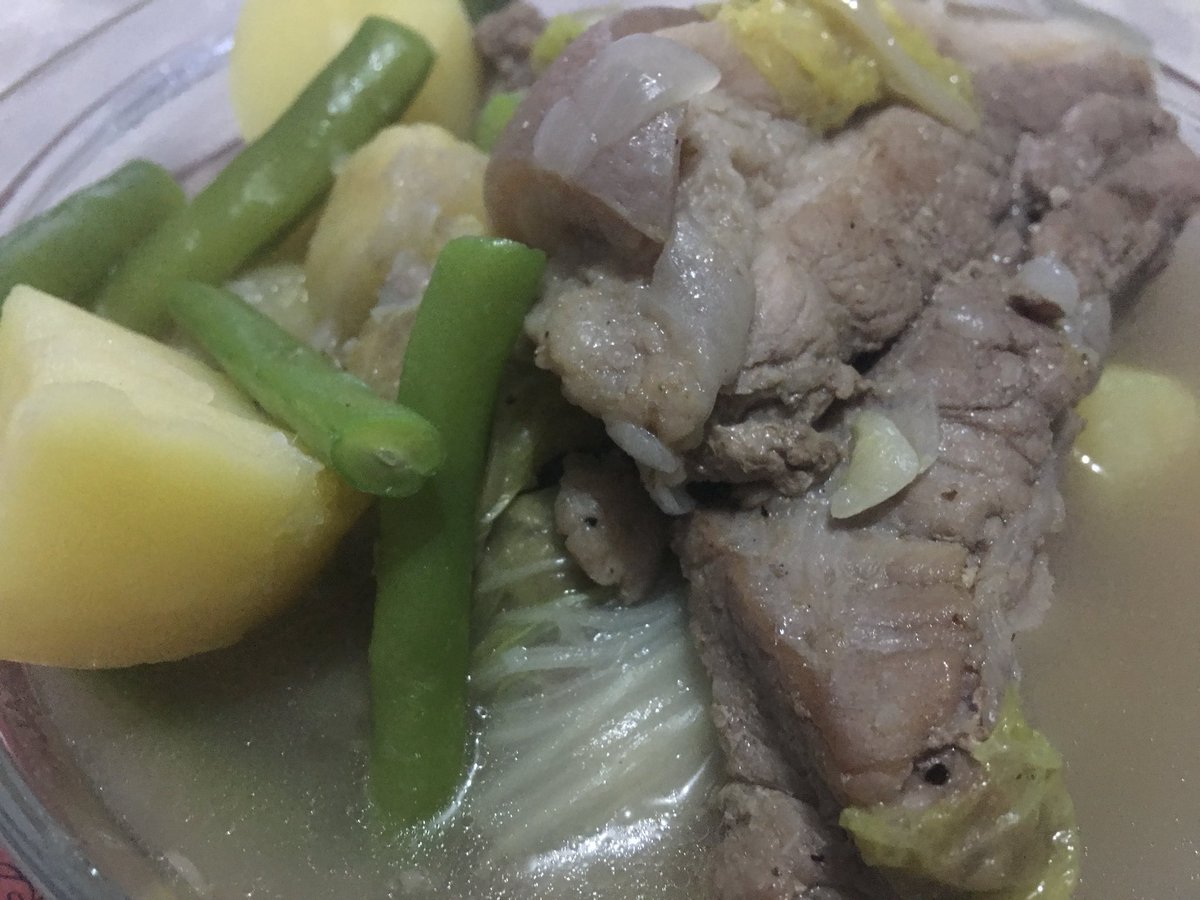 Pork nilaga. Pork beans potatoes cabbage onion garlic pepper and salt and water olive oil. Best pork broth partner it either rice or mash potatoes