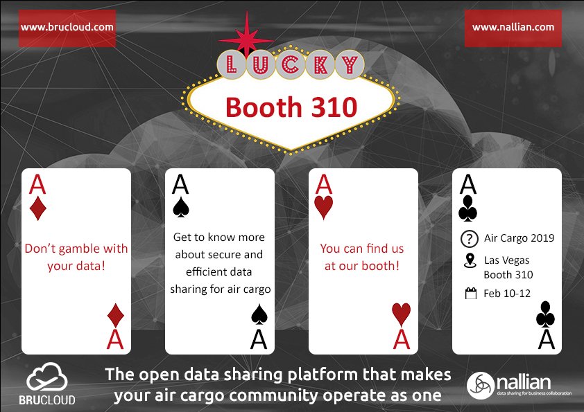 NallianInc's tweet photo. Don't gamble with your data! Visit #Nallian and the #BRUcloud team at @AirCargo2019 , booth 310 in Las Vegas next week and learn all there is to know about secure #datasharing . Book your meeting ahead via https://t.co/AZQp5qIvjG https://t.co/vZ2C9weF7h