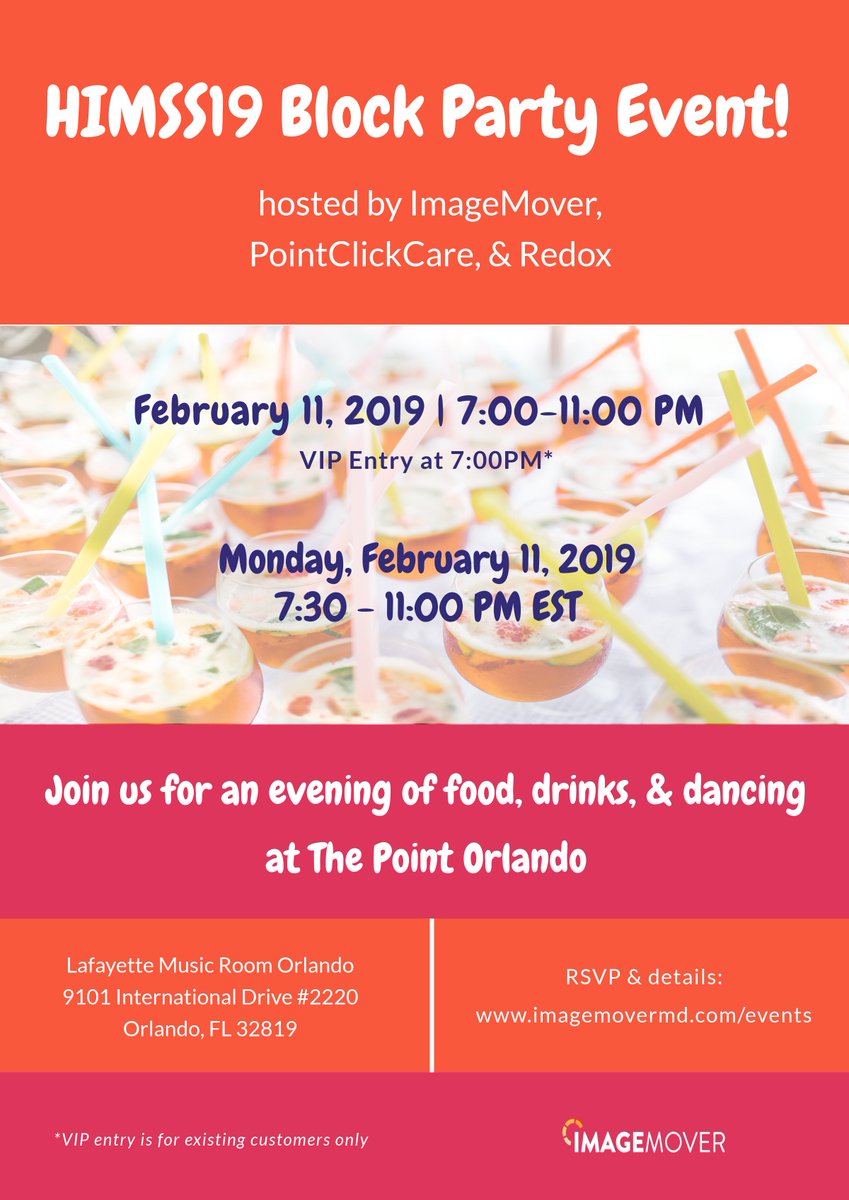 ImageMoverMD's tweet image. Start the week off right and join us Monday night at the HIMSS19 Block Party! RSVP now! #HIMSS19 bit.ly/2SfYQUZ