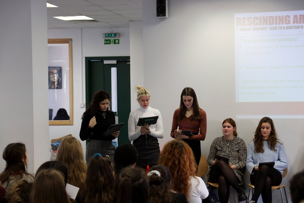 SurbitonHigh's tweet photo. Should we stay or should we go? Debating club discuss Brexit during lunch, eloquently putting across pros and cons of all options #Brexit #SHSEmpower https://t.co/FvqpT8Uitn