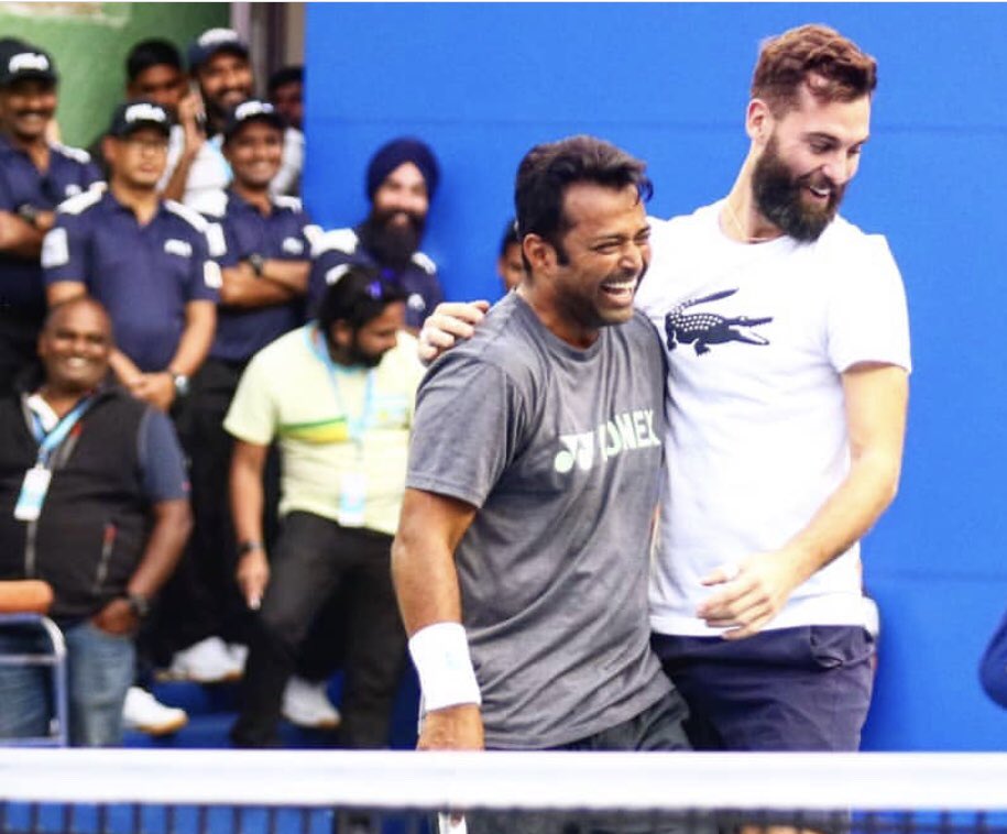 Leander's tweet photo. Lots of fun with @benoitpaire at the @OpenSuddeFrance . Doing what we do with a whole lot of 😄 https://t.co/WuBAHdBMQK
