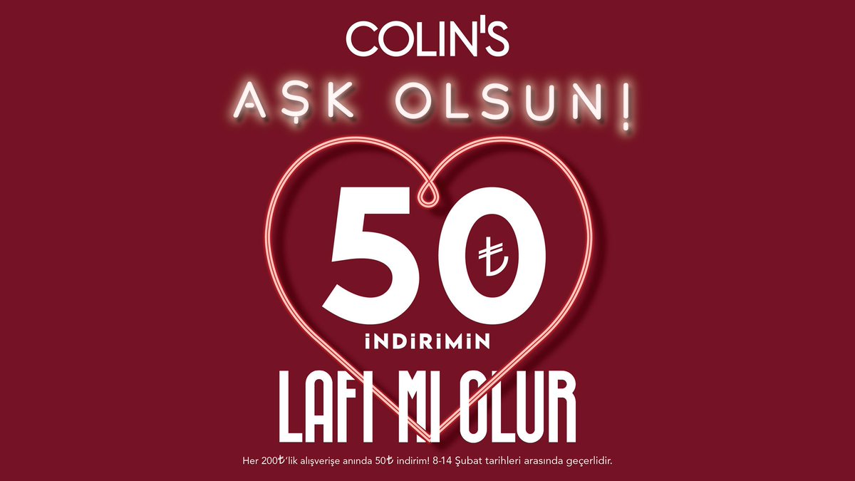 Colin’s’ten sevgililer gününe özel 50₺ indirim Bamboo AVM’de sizi bekliyor. Kampanya 8-14 Şubat tarihleri arasında tek seferde 200₺’lik alışverişlerde geçerli. Öyleyse haydi, çıkın gelin🤩 

#colins #14subat #sevgililergunu #bambooavm #indirim