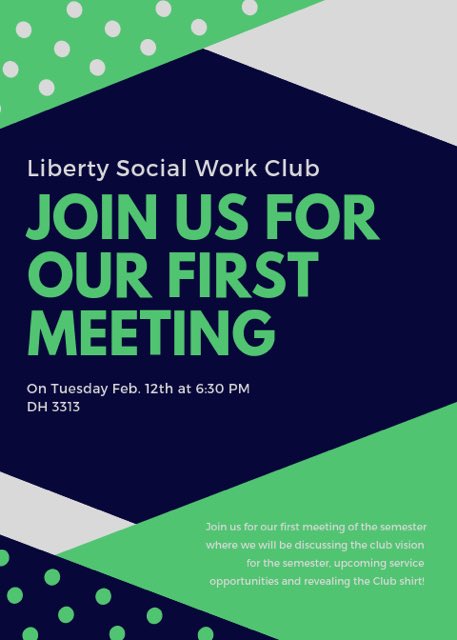 LUSOWK's tweet photo. Join the Social Work Club for our first meeting of the Spring semester! We will be discussing the club vision and upcoming service opportunities, as well as revealing the club shirt! https://t.co/7HhaRJgKkN