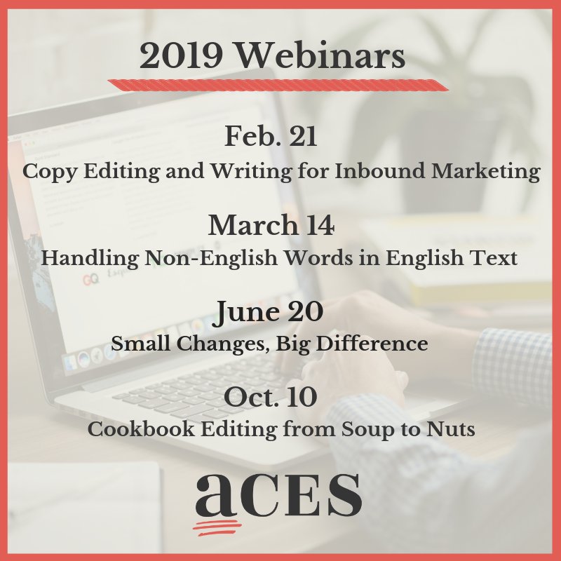 ACESEditors's tweet image. Don’t forget to sign up for ACES’ 2019 #webinars. Check out our lineup and don’t miss the next webinar, hosted by @TheChaviva, coming up Feb. 21. If #marketing isn’t your strong suit, hers is the webinar for you! bit.ly/2Ey3G7U #ACESWEB19 #editors #freelance #amediting