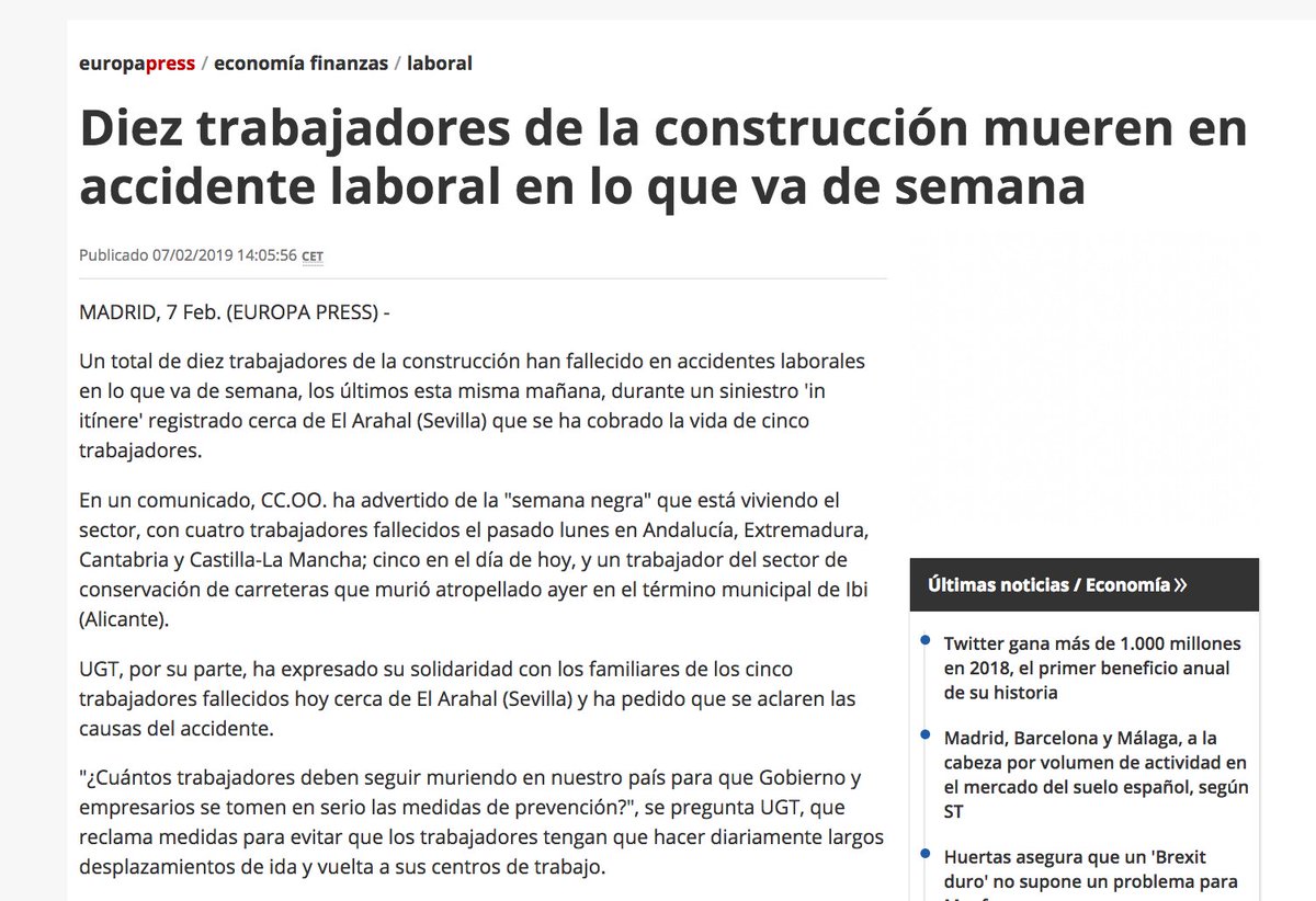 Conocemos este terrible dato gracias a @ccoo.

Nuestras condolencias a las familias y amistades de quienes han perdido la vida mientras ganaban su pan.

¡Basta de accidentes, de heridos, de muertes en el trabajo! Si esto no es terrorismo patronal, ¿qué es?
