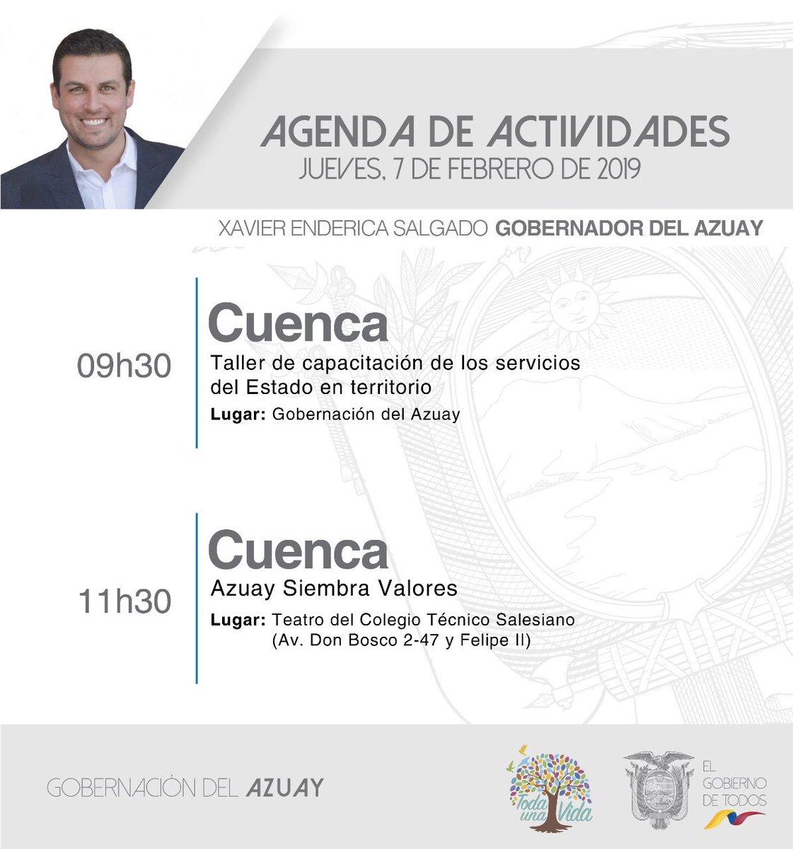 AGENDA | Compartimos las actividades que cumplirá hoy el Gobernador <a href="/xavierenderica/">Xavier Enderica</a> en Cuenca #UnidosPorAzuay