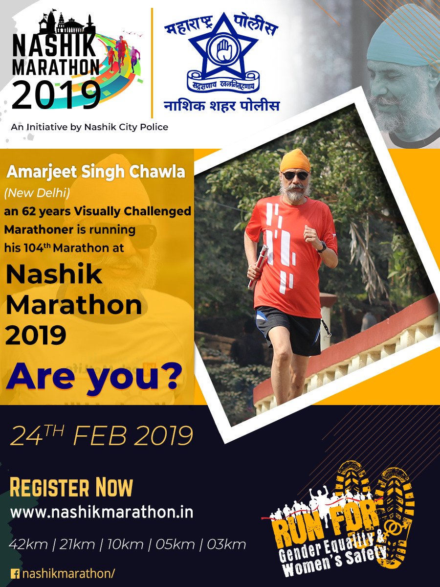 Shri. Amarjeet Singh Chawla, From New Delhi, A 62 years #VisuallyChallenged marathoner will be #running his 104th #Marathon at #NashikMarathon2019 #RunForGenderEquality #RunForWomenSafety