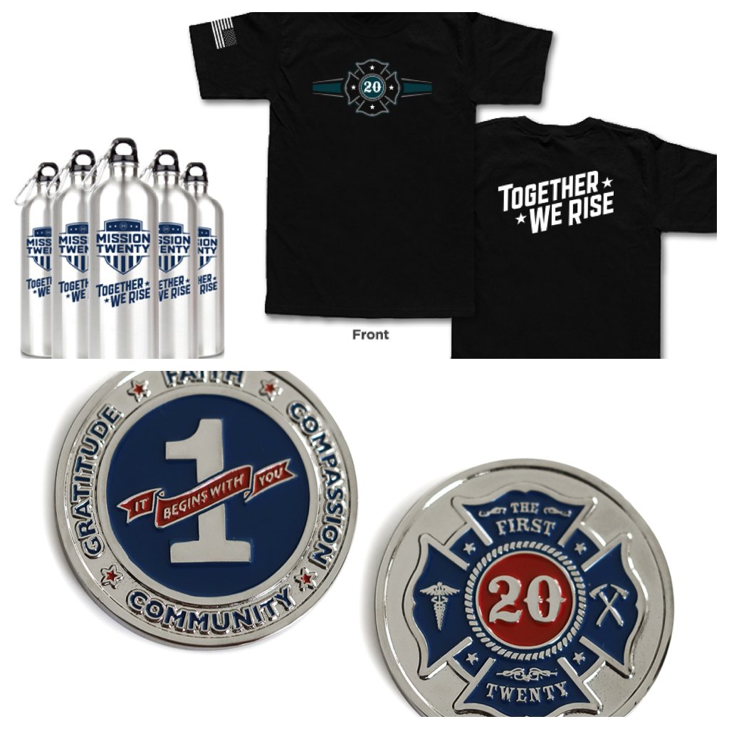 Sign up for a FREE Health Screening at our kickoff workshop &amp; receive a limited edition Eagle’s Inspired First Twenty Shirt, a Mission Twenty water bottle, &amp; all attendees will receive a free challenge coin when they arrive! thefirsttwenty.org/workshop.html #firefighter #firstresponder