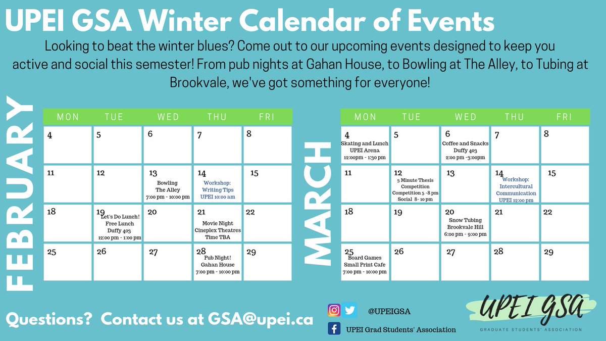 Upcoming Winter Events!! Our first event is the popular Bowling Night happening Feb. 13 from 7-10pm at the Alley. See you all there!