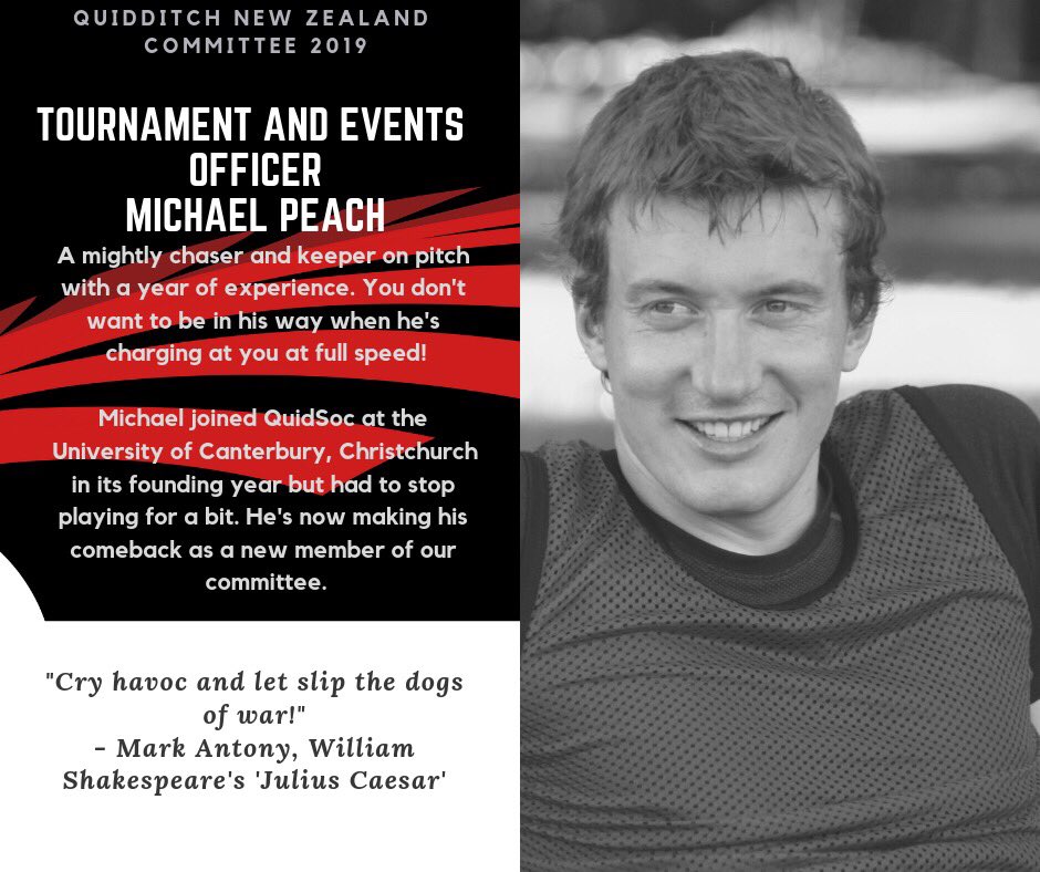 QuidditchNZ's tweet photo. We welcome Michael Peach as a new committee member. He’ll be looking after any Tournaments and Events hosted by QuANZ in 2019 and Emily Adams will continue to work hard as our Secretary! https://t.co/pqCt0kIQU5