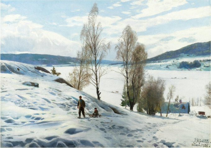 #HistoryofPainting Peder Mørk Mønsted (10 December 1859 – 20 June 1941) was a Danish realist painter. He is best known for his landscape paintings. Beauty in #Art #TheFreeExhibition Source/ 📷: Sotheby's @Sothebys Vinterdag ved Odnes, Norge/ Winter in Odnes, Norway, 1935