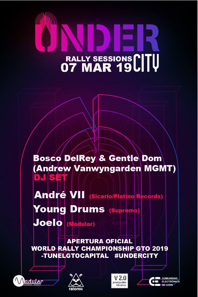 domblas's tweet photo. UNDERCITY Rally Sessions 

APERTURA OFICIAL
World Rally Championship Gto 2019

JUEVES 7 MARZO 2019
TÚNEL, GUANAJUATO CITY

Line Up: 
MGMT Dj Set 
ANDRE VII 
YOUNG DRUMS 
JOELO
RIP

Boletos en @SuperboletosMx https://t.co/lUM9aEP1ZK