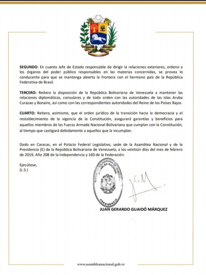 jguaido's tweet image. #21Feb Decreto presidencial para autorizar el ingreso de la ayuda humanitaria, apertura de toda nuestra frontera, mantenimiento de relaciones con Aruba, Curazao y Bonaire, además de garantías y reconocimiento para miembros de la #FANB que cumplan este mandado y la constitución.