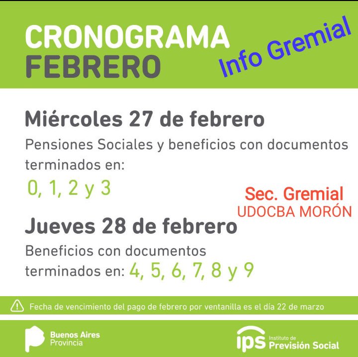 Gremial_Moron's tweet photo. Info Gremial: Cronograma de haberes jubilatorios Febrero/19. Saludos!! @gabriela231279 Sec. Gremial @Gremial_Moron - UDOCBA MORÓN @Gianniniclaudi1 https://t.co/BuuTnp7BZE