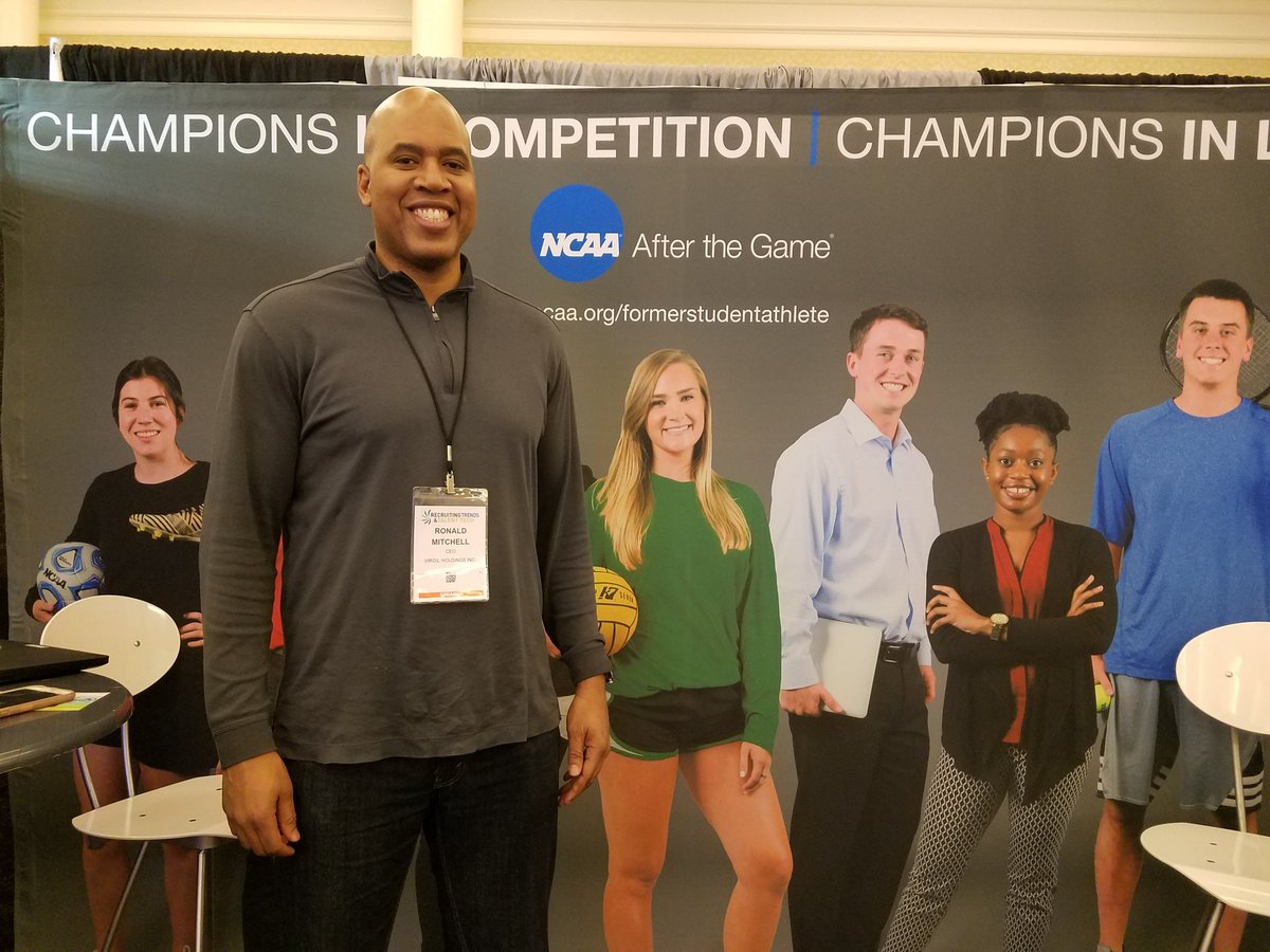 Hey <a href="/ronniemitch/">Ron Mitchell</a>, pride of <a href="/HarvardMBB/">Harvard Men’s Basketball</a>, thanks for stopping by the <a href="/NCAA/">NCAA</a> #AfterTheGame booth today. As founder of Virgil Careers, I look forward to sharing the presentation dais with you tomorrow <a href="/HRERecruitTech/">Recruit & TalentTech</a> conference.