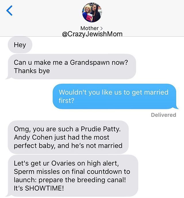 crazyjewishmom's tweet photo. Like, what even goes on in her brain? #crazyjewishmom #askmomandspawn #mycrazyjewishwedding Check out https://t.co/TfWSPq9S2P! https://t.co/pDaFOF8cgk https://t.co/Yhp06AN4BP