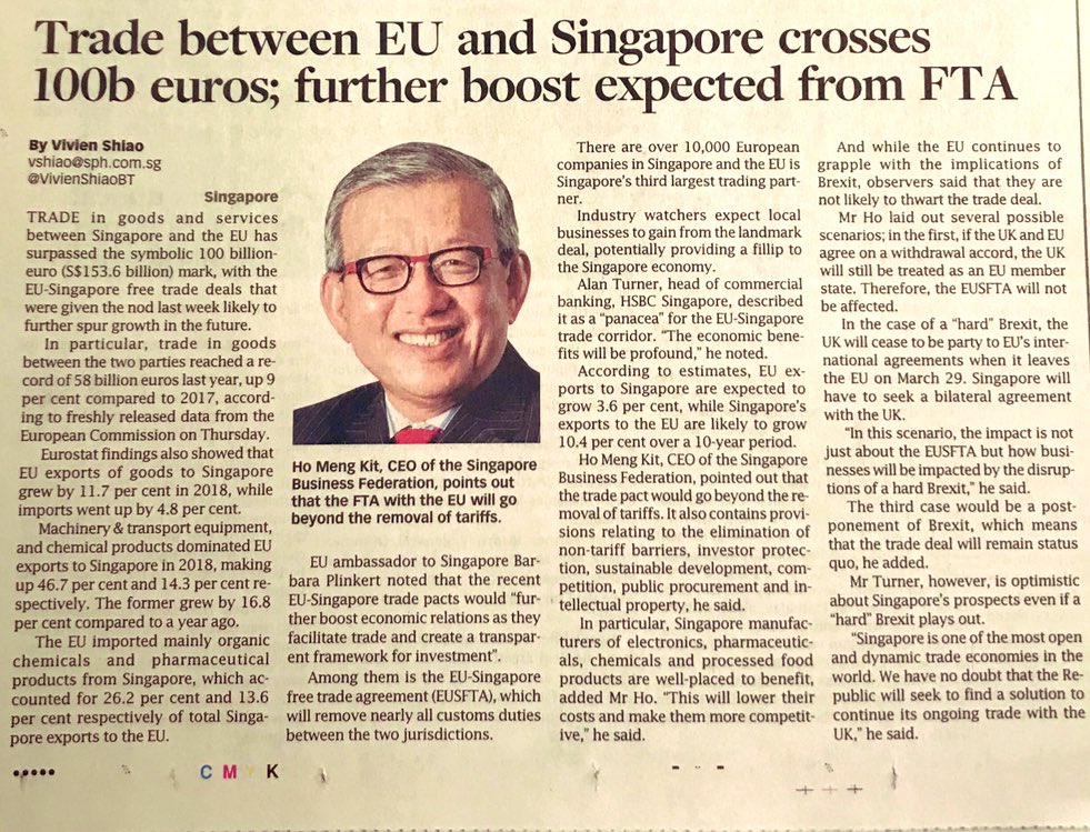 JeanpDMS's tweet photo. The #EUSFTA &amp; #EUSIPA will further boost EU-Singapore trade &amp; investment @BusinessTimes 📊 Ho Meng Kit @ApexBizChamber highlights the #FTA benefits for 🇸🇬 manufacturers of electronics 🔌, pharmaceuticals 💊, chemicals🧪&amp; processed food products🍛👏🏼 #tradeforall #eutrade https://t.co/Sz9UZ7XAHQ