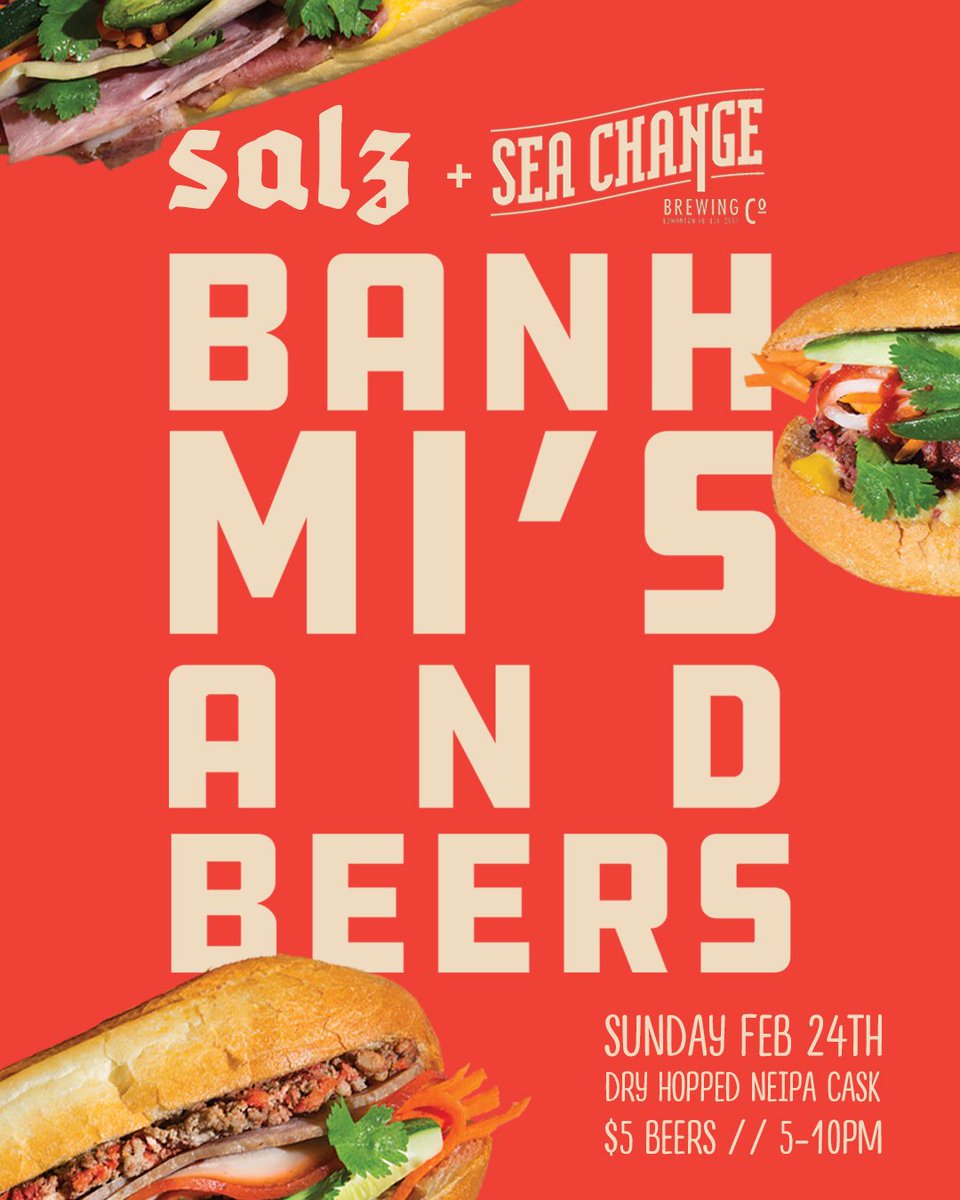 This Sunday! We have the fine folks from @seachangebrewingco in the  house with a “Dry hopped NEIPA”! And we’re pairing it with Chef <a href="/allansuddaby/">Allan Suddaby</a> famous Banh Mi Sandwiches! Draught beer is just $5 all night, starts at 5pm!