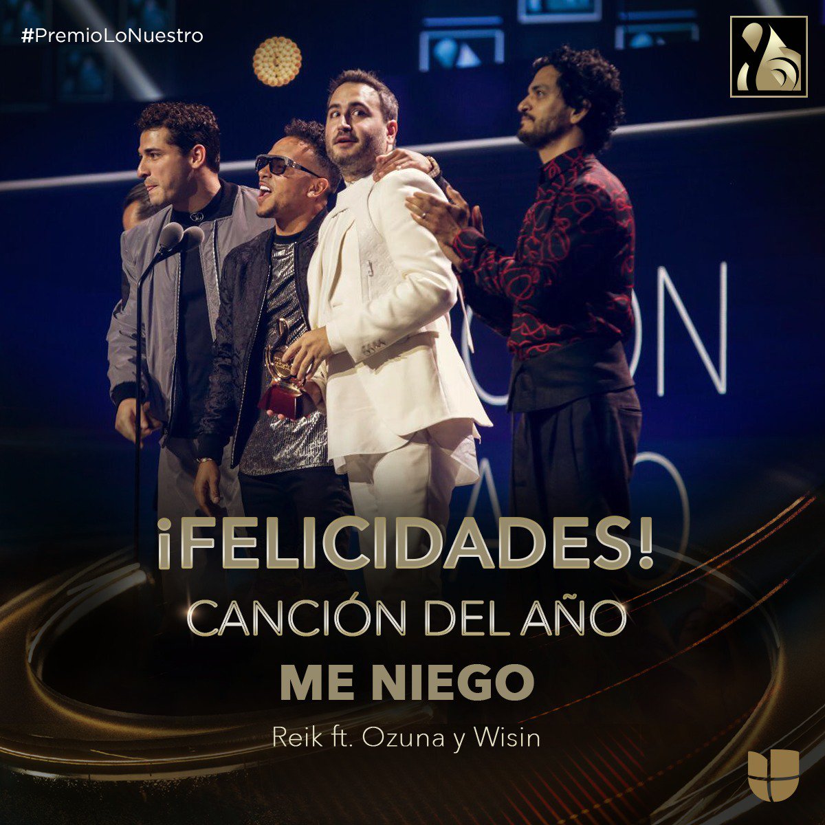 premiolonuestro's tweet photo. ¡Felicidades por su #PremioLoNuestro a 'Mejor Canción del Año' 😎 con 'Me Niego' @ReikMx, @Ozuna_Pr y @WisinOficial! 🏆 https://t.co/Tonc4Z0j88