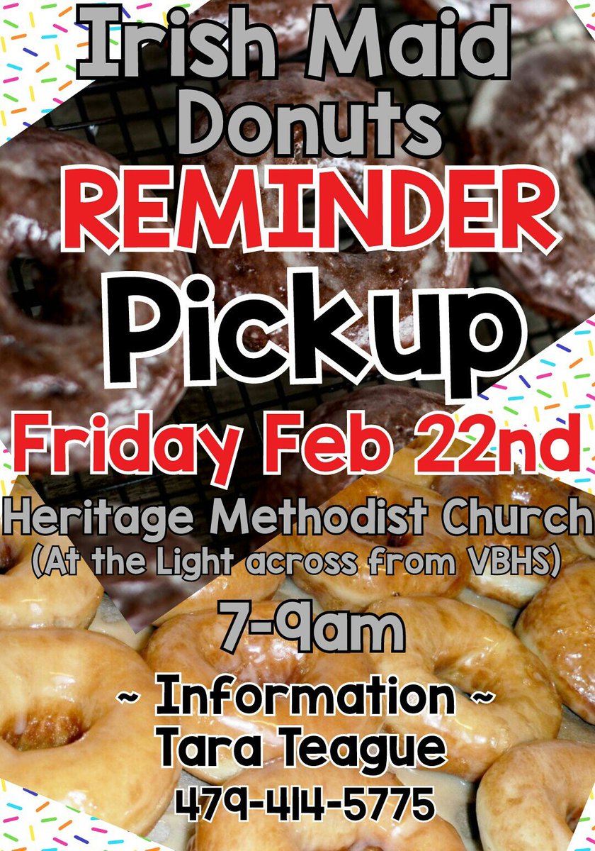 2019Vbhs's tweet image. Donut Pickup Tomorrow February 22nd 7-9am Heritage Methodist Church Parking Lot 💚🐾🎓🐾💚