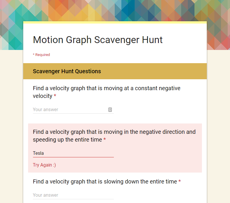 cossettej's tweet photo. Tried out a new activity to practice conceptual motion graph analysis. Check out the details in my new blog post about the "Google Form Scavenger Hunt" https://t.co/JlFAToM8vP
#iteachscience #edtech #edtechchat #motiongraphs https://t.co/nPKrHxMdm1