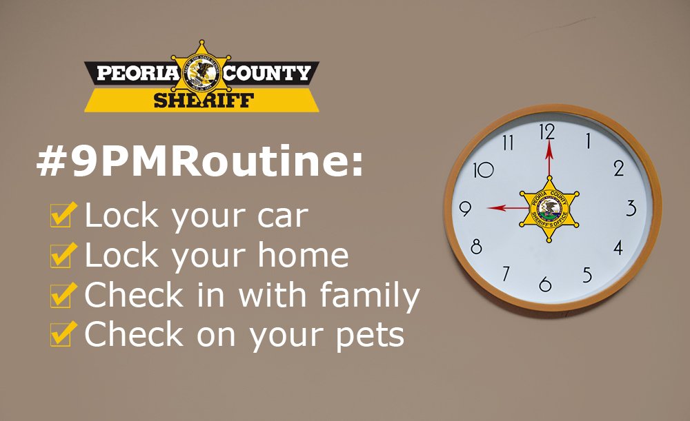 PCSO_IL's tweet photo. It's #9PMRoutine time! Be sure to double-check that the garage door is closed and the back door is locked. Thieves will check all the doors--so make sure you do, too.
#LockYourCar #LockYourHome #CheckInWithFamily #CheckOnYourPets #SafetyFirst #Peoria https://t.co/zghBMwInQM