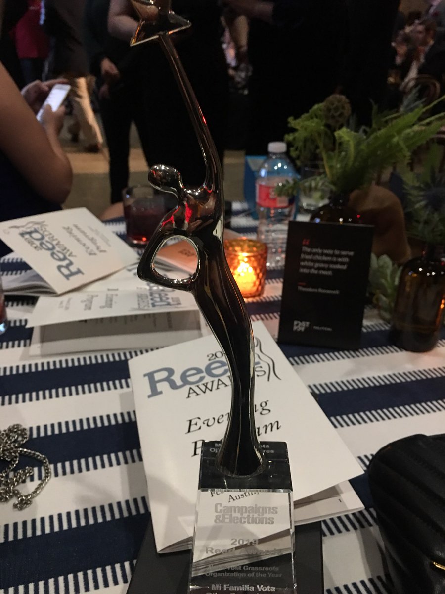 gebemartinez's tweet photo. The Reed award honoring @MiFamiliaVota, led by @BenMonterroso in collaboration with @CesarMASconsult and @AndreadeAnda of #Ojiva for best #GrassrootsOrganization award at #Reeds2019 A great achievement recognizing Latino civic engagement in #2018midterm election season. https://t.co/zsOgraF2Fq