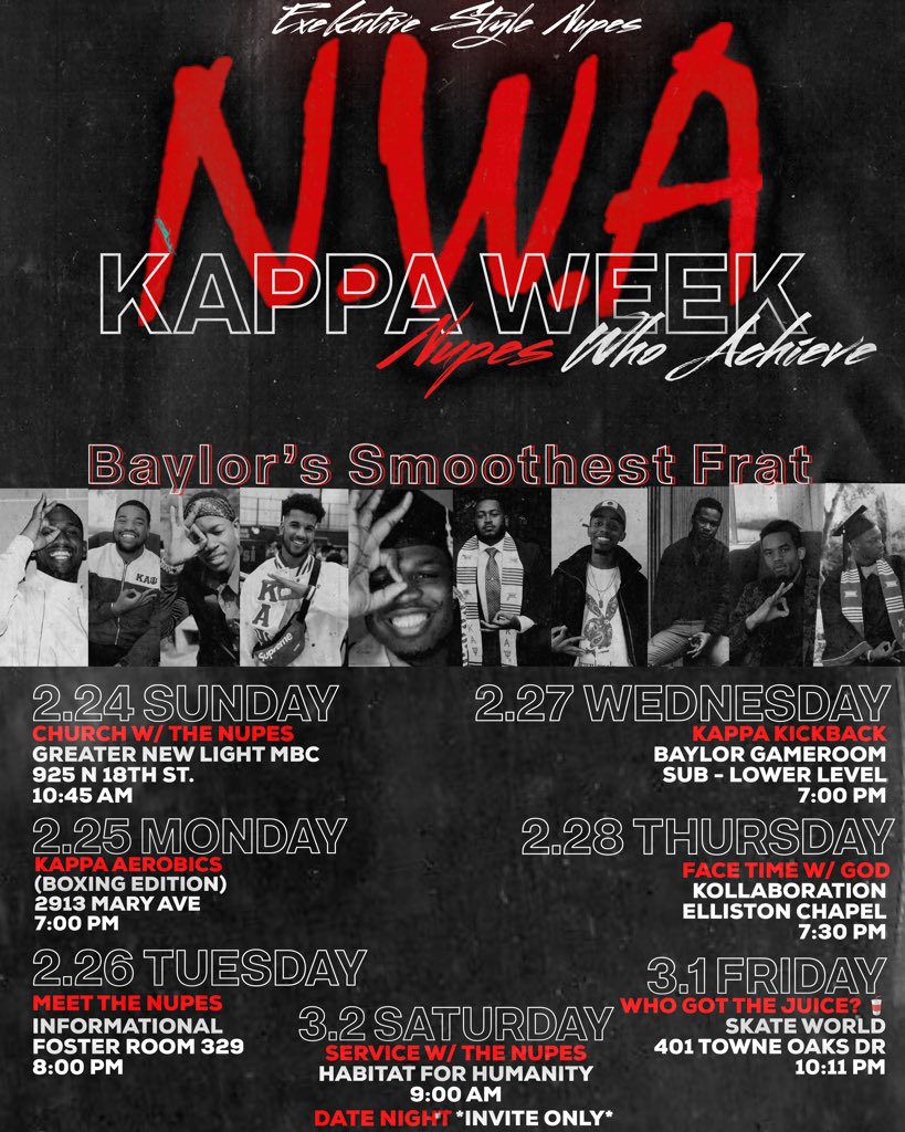 XiSigmaNupes's tweet photo. 🚨KAPPA WEEK IS HERE!🚨
♦️The Exekutive Style Nupes present NWA: Nupes Who Achieve, a week filled with spiritual, social and intellectual events
🖼: Br. Ejay Mallard @dearEjay https://t.co/1o09w6fI8H