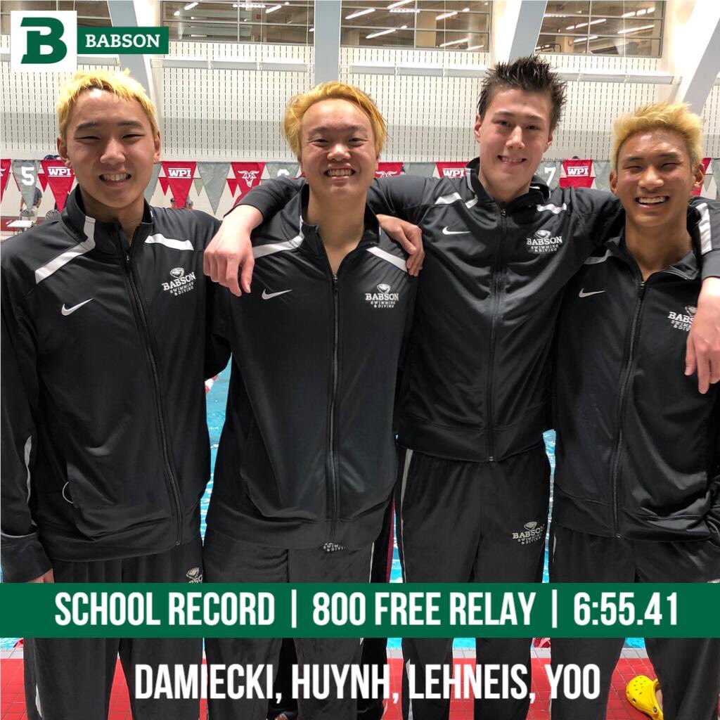 BabsonSwimDive's tweet photo. 🚨SCHOOL RECORD ALERT🚨
Alex Damiecki, Ethan Yoo, Walter Lehneis and Aaron Huynh break the school record in the 800 FR Relay in a time of 6:55.41!
#BuildTheEngine #MakeWake https://t.co/1NDSctrIEp