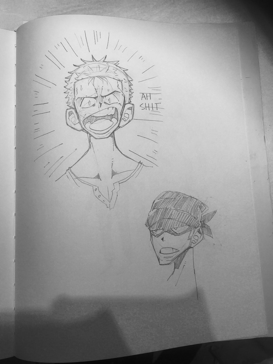 Doodles from today, experimenting with ears. Realized I always made em too close to the eyes so I fixed it. (Also headband Zoro is the best Zoro) 