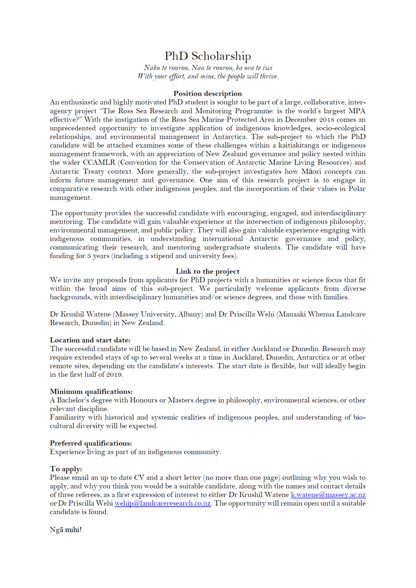 CillaWehi's tweet photo. Nau mai haere mai! Come work with us! PhD opportunity on #indigenous #environmental management and #Antarctica. An exciting project, supportive team, and chance to grow your ideas.

Please RT

@niwa_nz @kylepowyswhyte @PunahaMatatini @tmoekepickering @testeeves @JacquelineBeggs https://t.co/eAuclSYZDx