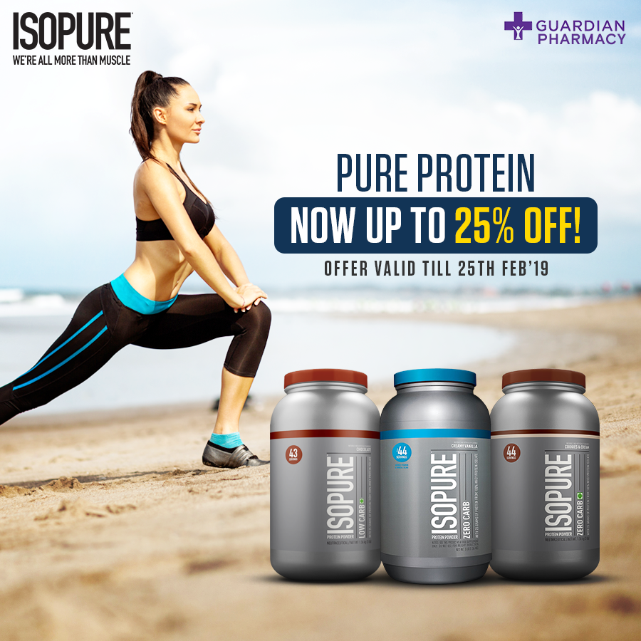 IsopureIndia's tweet photo. Embrace the #pure life, with pure protein isolates now up to 25% off, across Guardian Pharmacies. Offer valid till 25th Feb’19.  #Isopure https://t.co/nPd7jsXAWn