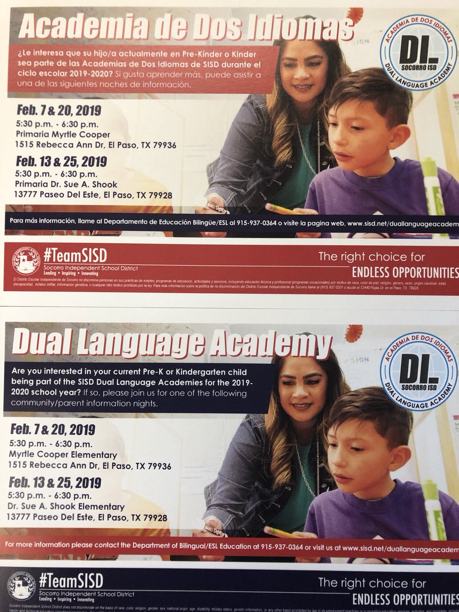 Calling all #TeamSISD upcoming Kindergarten and First grade parents for an informational meeting about the Dual Language Academy at Myrtle Cooper Elementary, Wednesday Feb. 20th from 5:30 -6:30. #EndlessOpportunities #DualLanguage #DosIdiomas