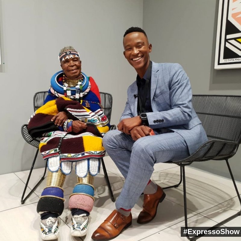 expressoshow's tweet photo. Dr Esther Mahlangu's Ndebele art is globally recognised and @KatlegoMaboe got to meet this South African national treasure! Have you seen her work at the Cape Town Art Fair? #ExpressoShow https://t.co/ze8JUgHlci