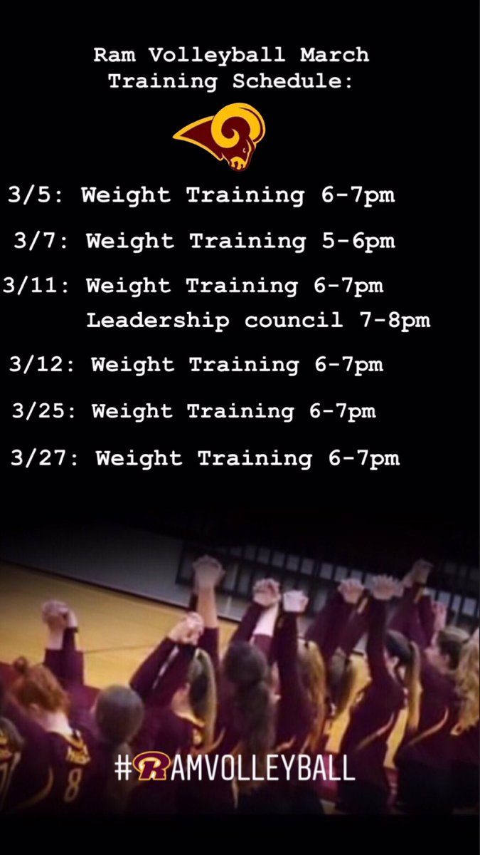 rossrams_vb's tweet photo. All athletes planning on trying out for the 2019 volleyball season, mark your calendars for the RHS March Training schedule and the new Ram VB Leadership Council dates! #RamVB #BetterTogether ππ https://t.co/Bsjb43huX7