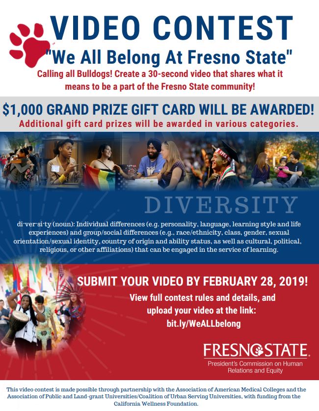 Video contest deadline approaching!

@FS_PCHRE is asking students to create a 30-second video that shares what it means to be a part of the Fresno State community. 🎥🐶❤️ Submissions are due Thursday, Feb. 28 ➡️bit.ly/WeALLbelong