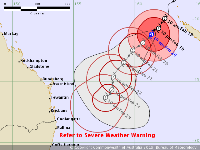 Latest track map for #CycloneOma, currently a Category 2 system approaching the #Queensland coast. Abnormally high tides, dangerous surf and strengthening winds are expected for coastal areas with heavy rainfall possible from Saturday: ow.ly/7Pa530nLkj3