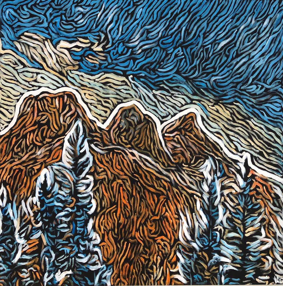 VGray65's tweet photo. The Three Sisters (36’ x 36’ acrylic) just finished. Took an entirely different approach to this iconic mountain scene, by painting on a black gesso surface.  My 1A Series continues. Show coming later this year. #threesisters #canmore #painting #yycarts #mountainlover #rockies https://t.co/GALJwE8LW9