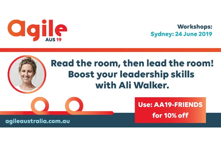 draliwalker's tweet photo. Come and join me at the Agile Australia Conference on 24 June 2019! I’m giving a workshop on Monday 24 June &amp; speaking at the conference on Tuesday 25 June. Early bird rates for the close on 31 March. Use the discount code AA19-FRIENDS for a 10% discount off the early bird rate. https://t.co/I10no47mqd