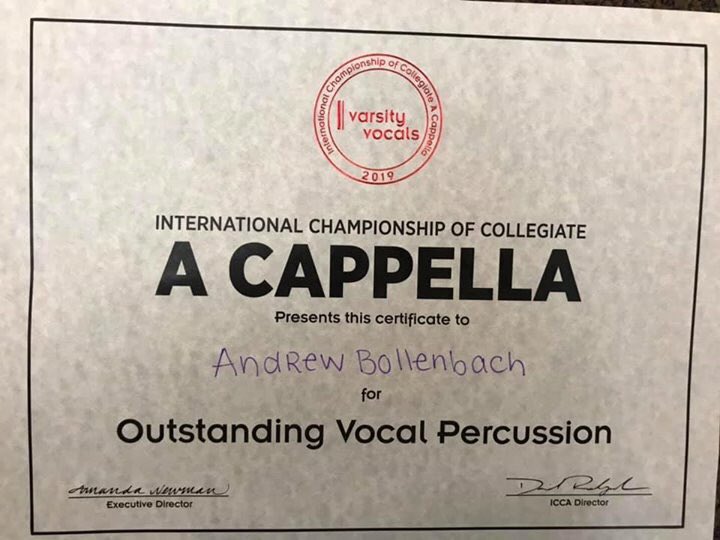 HSHarmonix's tweet photo. High Street Harmonix is excited to announce that we qualified for the ICCA Semifinals for the first time in group history! Along with achieving 2nd place at quarterfinals, @kyleloedel56 and Andrew Bollenbach were recognized with awards for best solo and best vocal percussion! https://t.co/QsqpUZ3mAK