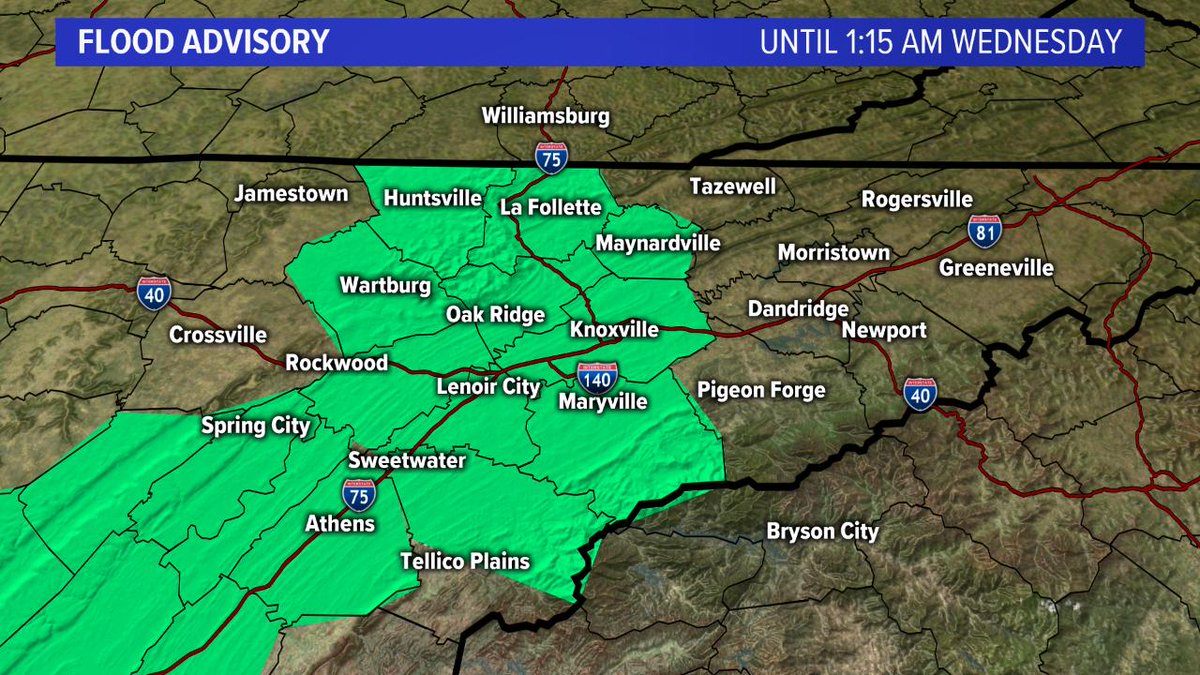 A NEW Flood Advisory has been issued for Scott, Morgan, Roane, Loudon, Monroe, Blount, Knox, Anderson, Union and Campbell counties. Moderate to heavy rain moving across these counties will cause smaller creeks and streams and poor drainage areas to flood.