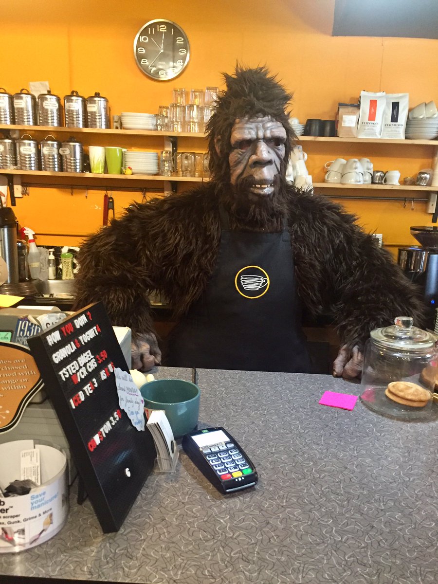 WiredCup's tweet photo. #StrathSquatch made a rare appearance behind the till today. Didnβt take any orders - language seems to be an issue - but still got people talking. #95thAve https://t.co/4x1ViVTFXR